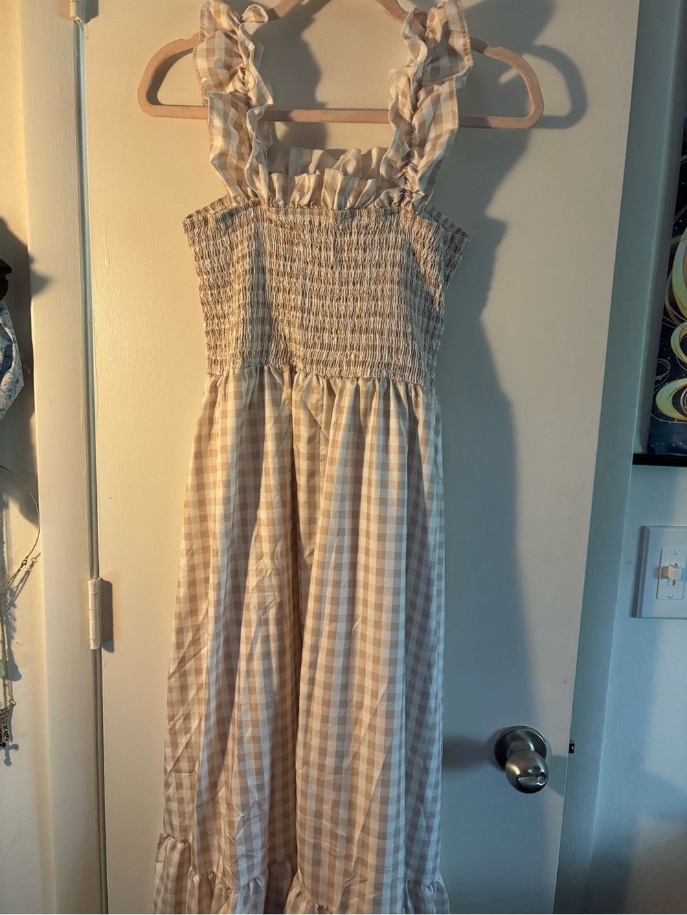 Girls Beige Gingham Ruffle Strap Dress
